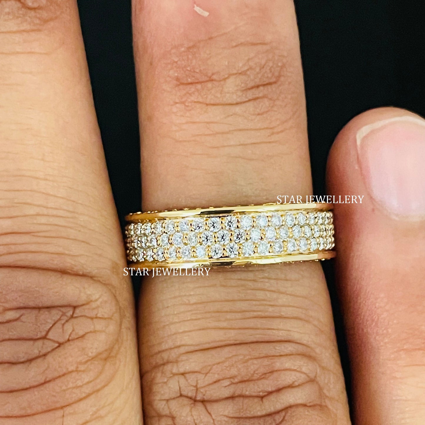 14K Solid Gold  Pave Set Three Line Lab Diamond Eternity Wedding Ring