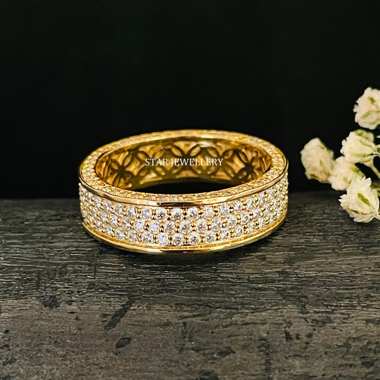 14K Solid Gold  Pave Set Three Line Lab Diamond Eternity Wedding Ring