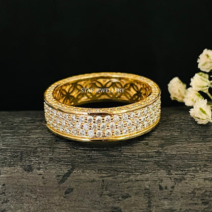 14K Solid Gold  Pave Set Three Line Lab Diamond Eternity Wedding Ring