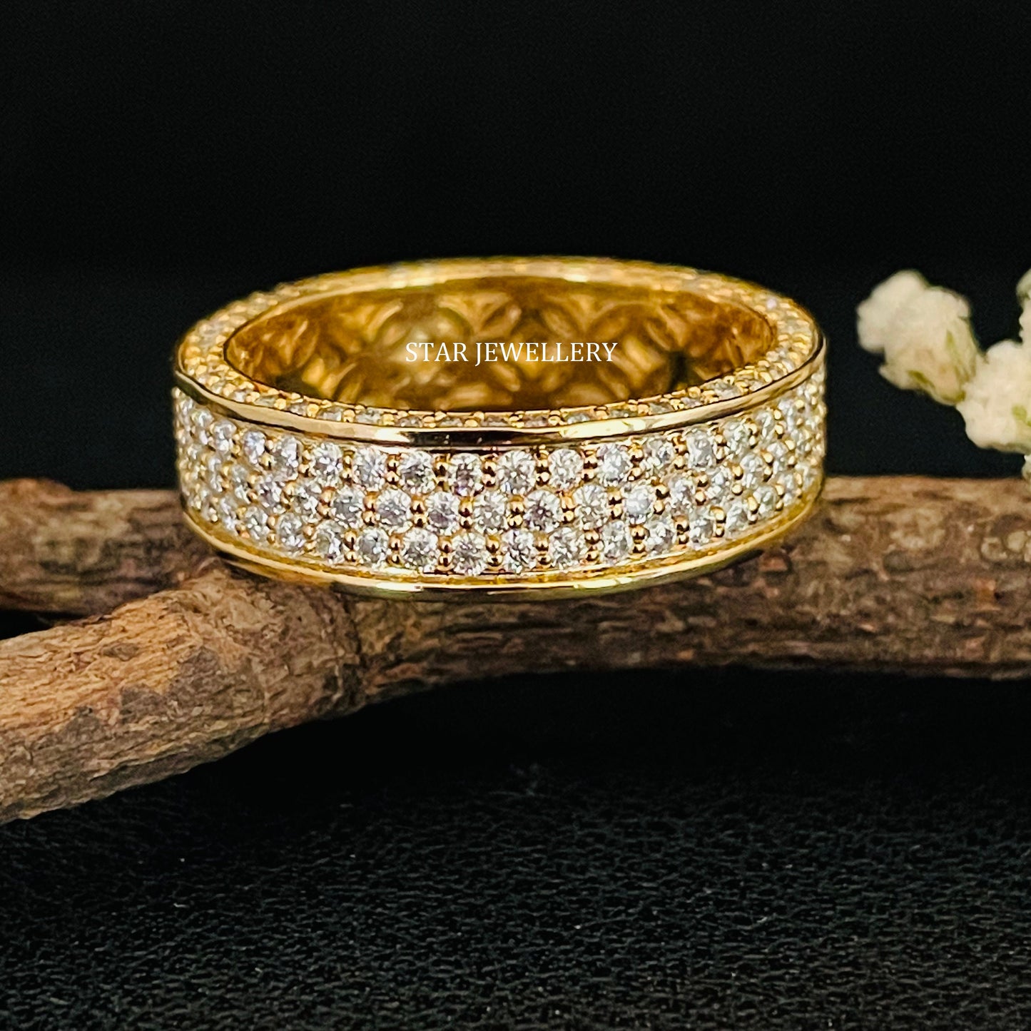 14K Solid Gold  Pave Set Three Line Lab Diamond Eternity Wedding Ring