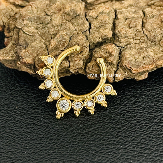 14K Solid Gold Bezel Set Natural Diamond Fake Daith Clicker