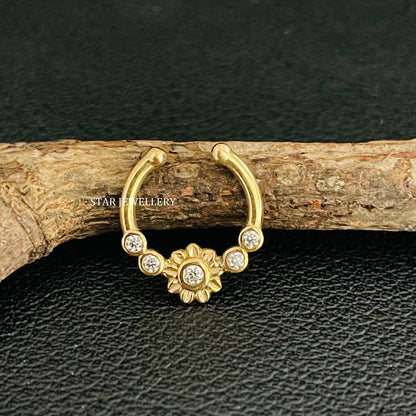 Bezel Set Natural Diamond Flower Fake Daith Piercing