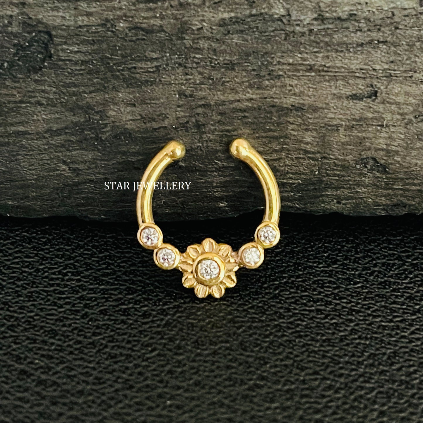 Bezel Set Natural Diamond Flower Fake Daith Piercing