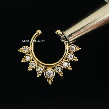 14K Solid Gold Bezel Set Natural Diamond Fake Daith Clicker