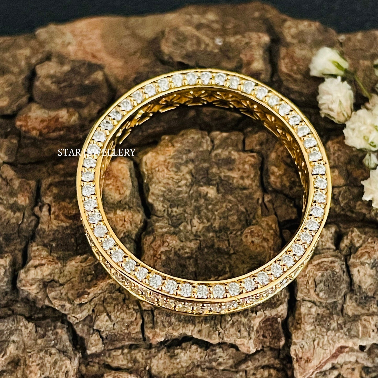 14K Solid Gold  Pave Set Two Line Lab Diamond Eternity Wedding Ring