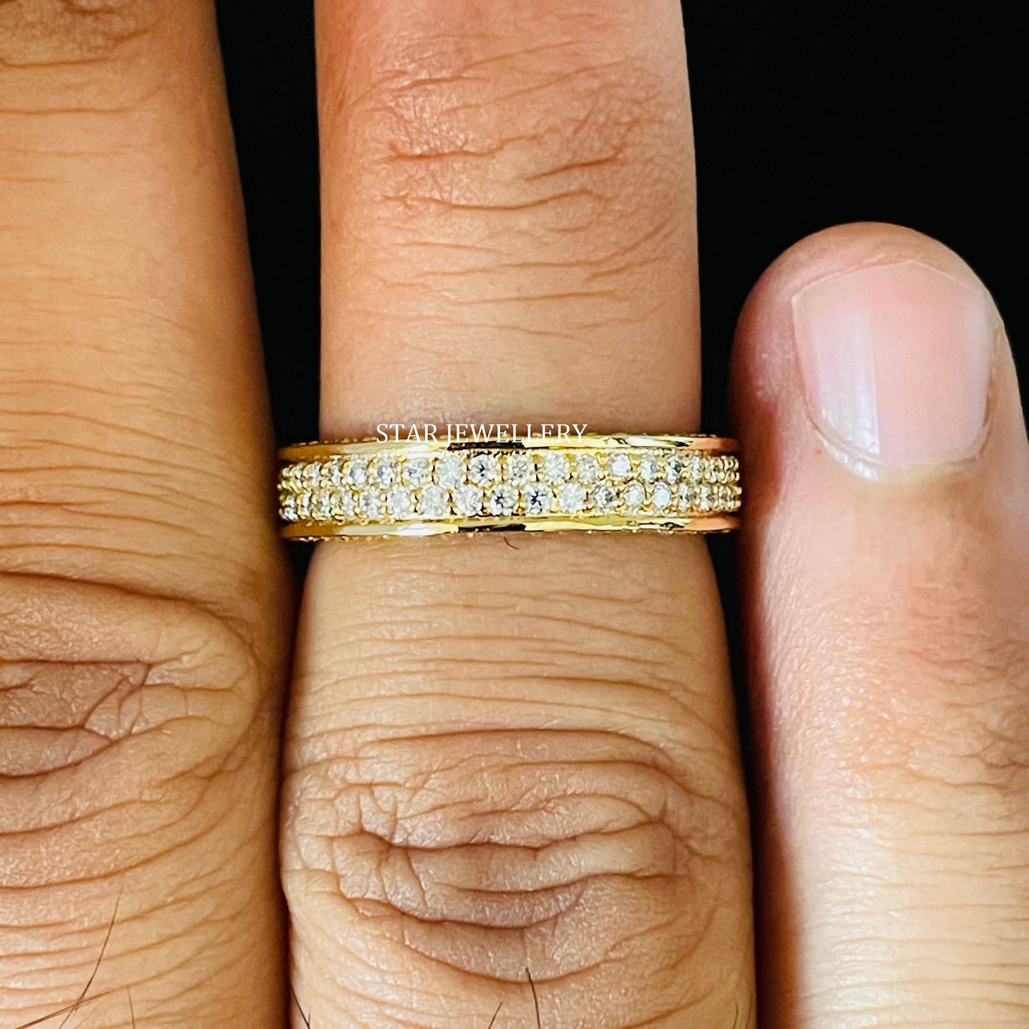 14K Solid Gold  Pave Set Two Line Lab Diamond Eternity Wedding Ring