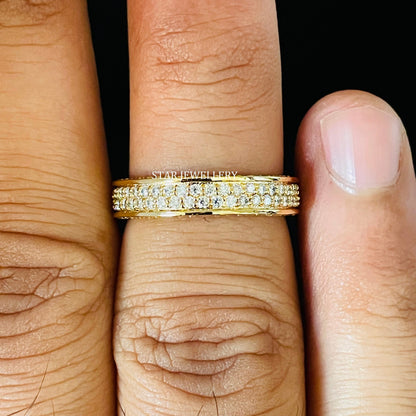 14K Solid Gold  Pave Set Two Line Lab Diamond Eternity Wedding Ring
