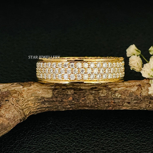 14K Solid Gold  Pave Set Three Line Lab Diamond Eternity Wedding Ring