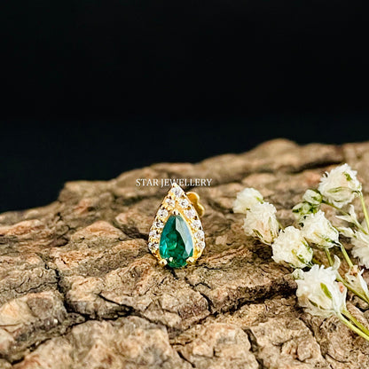 Pear Shape Halo Piercing with Green Emerald