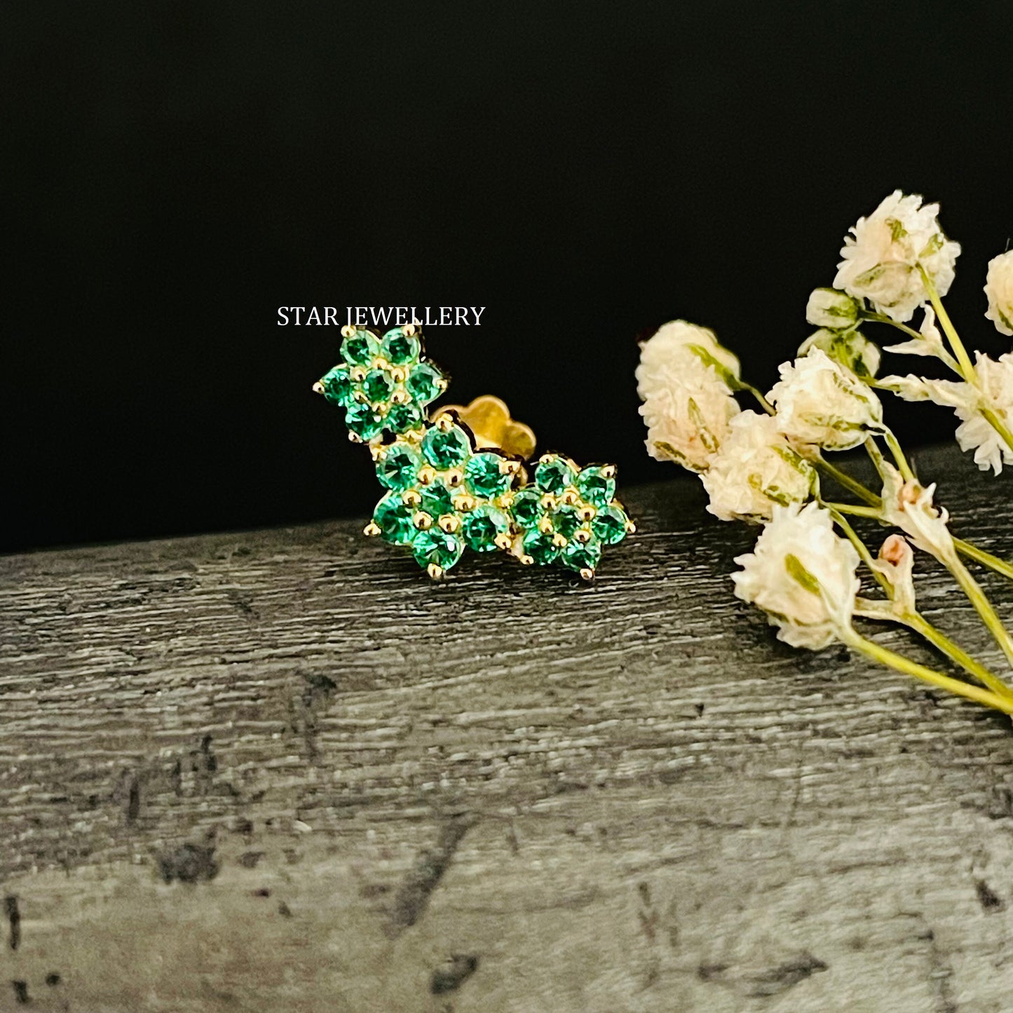 14K Solid Gold CZ Green Diamond Climber Earrings