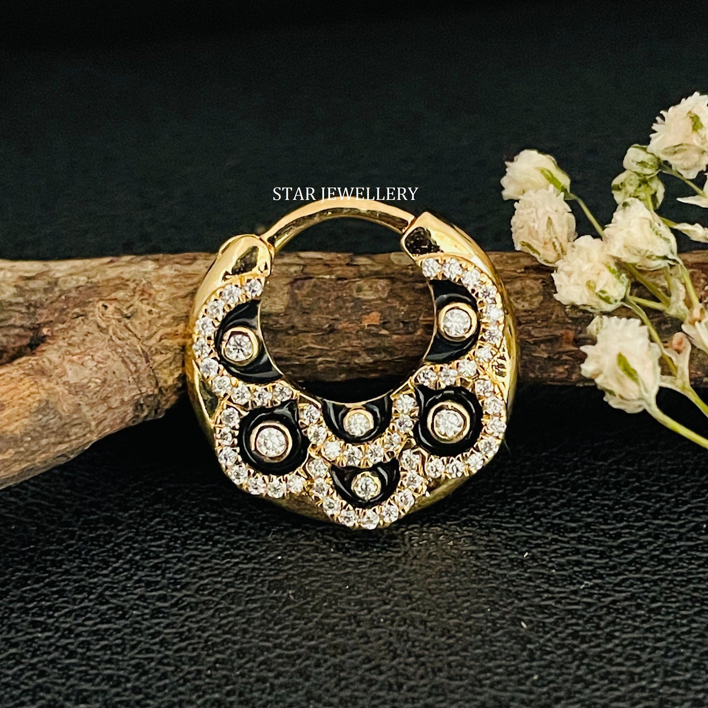 Micro Set Natural Diamond Septum Clicker Piercing with Black Enamel