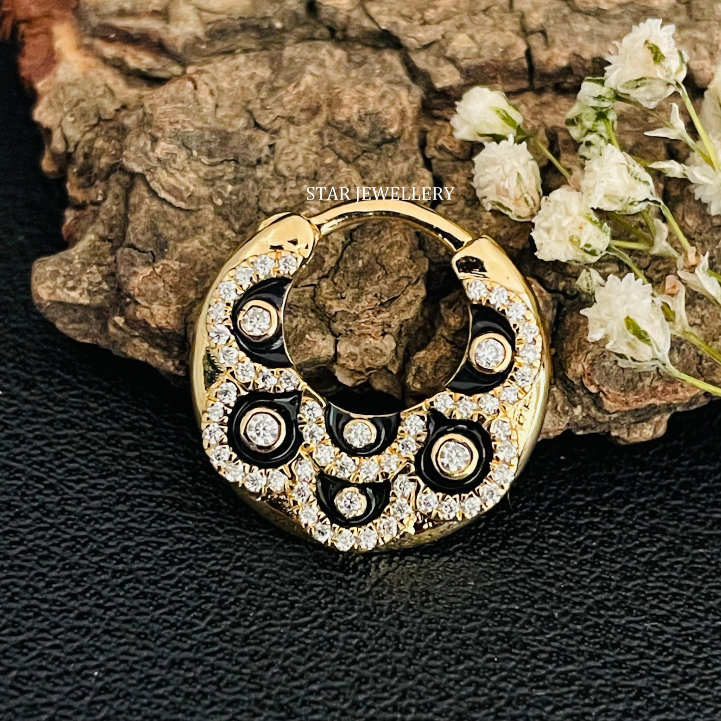 Micro Set Natural Diamond Septum Clicker Piercing with Black Enamel
