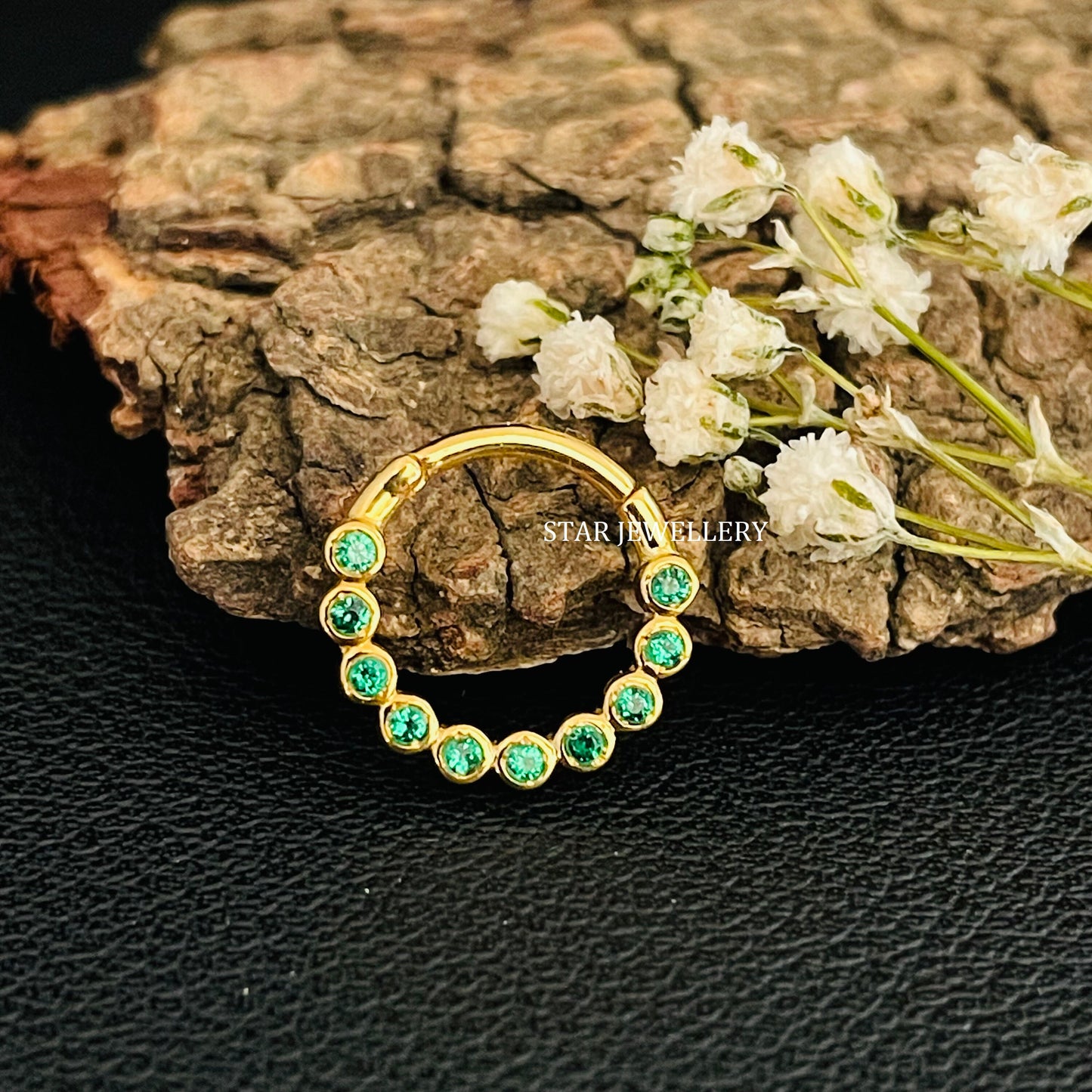 14K Solid Gold Bezel Set Minimalist CZ Green Diamond Daith Clicker