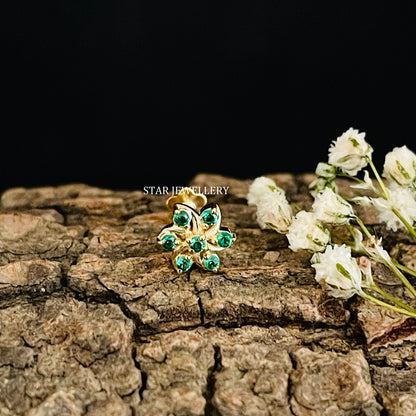 14K Gold Green Diamond Cluster Floral External Threaded Piercing