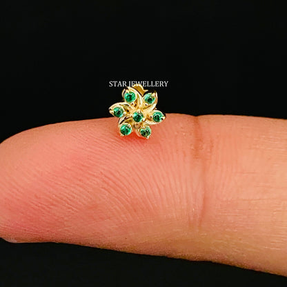 14K Gold Green Diamond Cluster Floral External Threaded Piercing