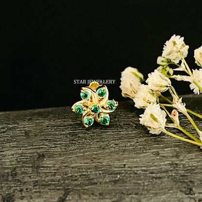 14K Gold Green Diamond Cluster Floral External Threaded Piercing