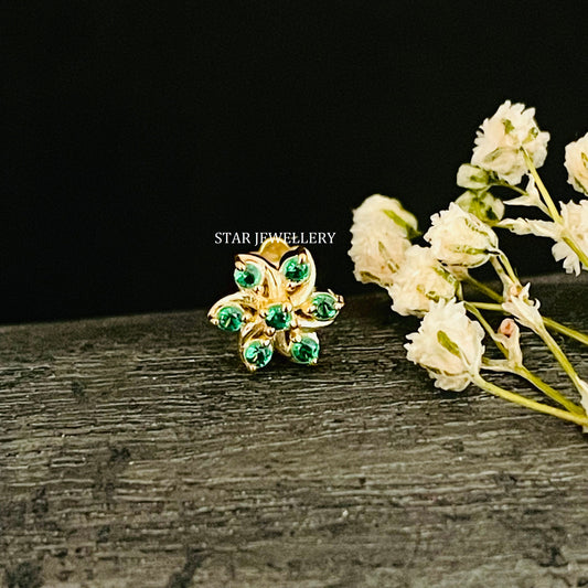 14K Gold Green Diamond Cluster Floral External Threaded Piercing