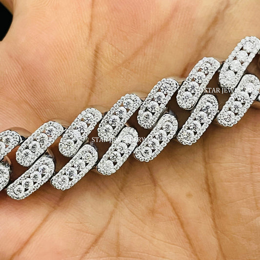 VVS Moissanite 15 MM Wide Unisex Diamond Cuban Linked Chain, 15 MM Unisex Moissanite Cuban Necklace, Silver Moissanite Miami Cuban Chain