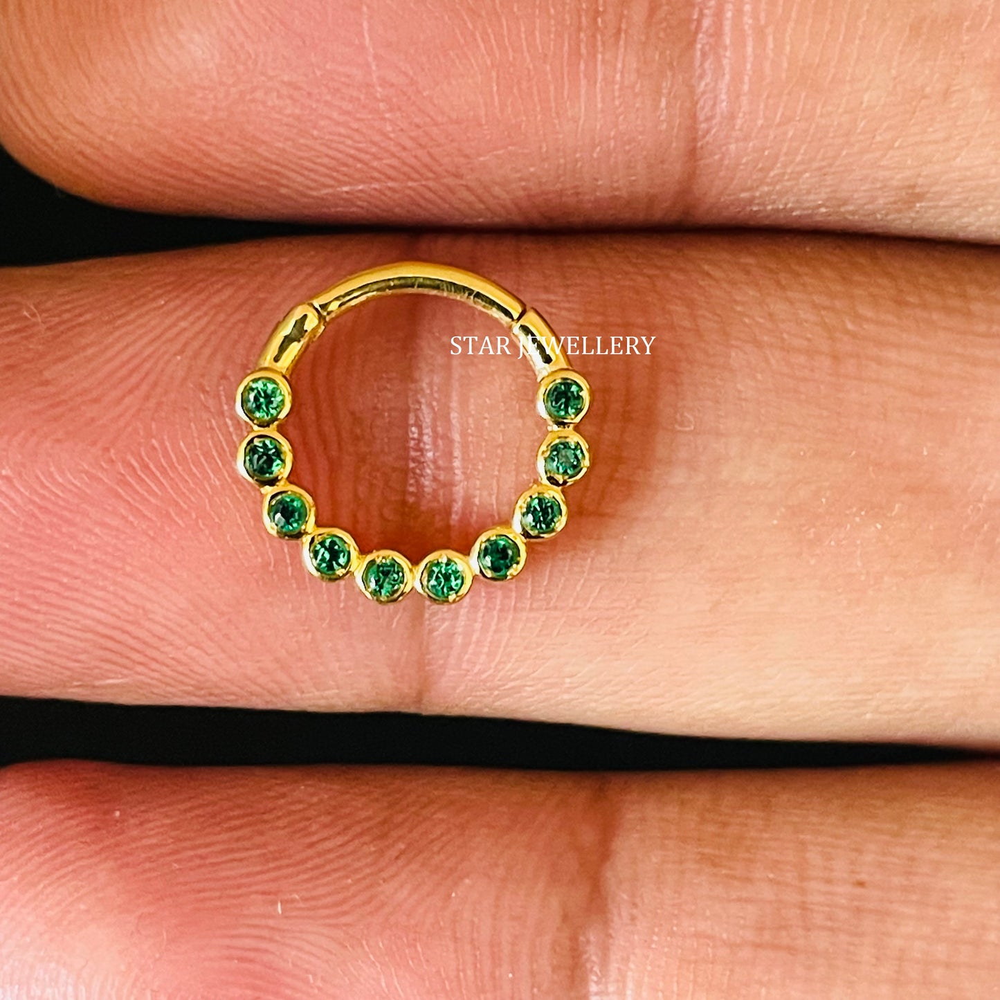 14K Solid Gold Bezel Set Minimalist CZ Green Diamond Daith Clicker