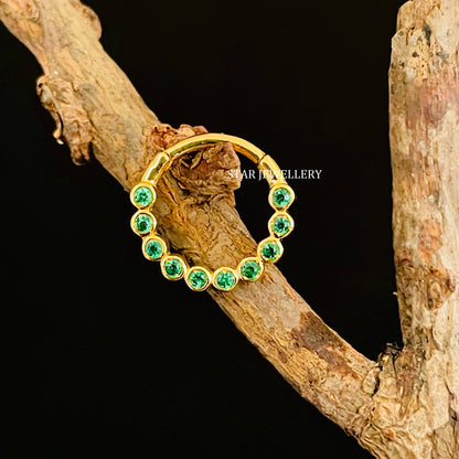 14K Solid Gold Bezel Set Minimalist CZ Green Diamond Daith Clicker