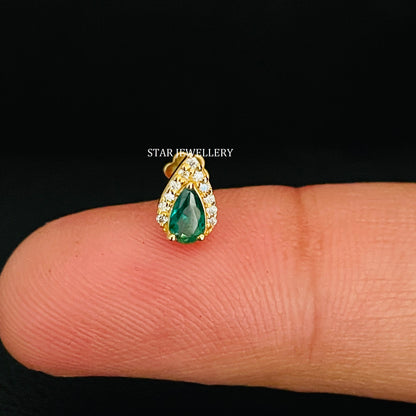 Pear Shape Halo Piercing with Green Emerald
