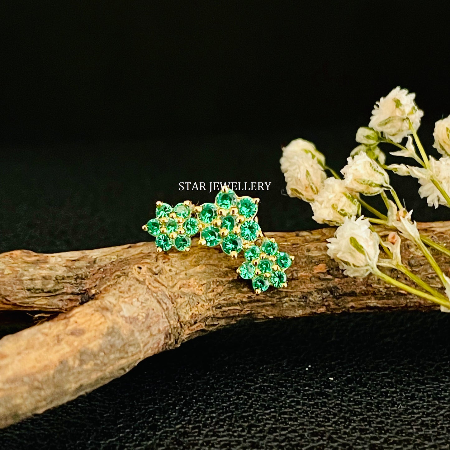 14K Solid Gold CZ Green Diamond Climber Earrings