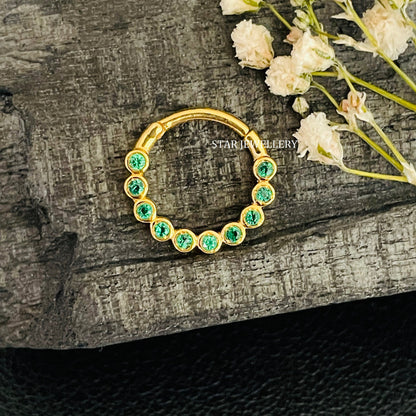 14K Solid Gold Bezel Set Minimalist CZ Green Diamond Daith Clicker
