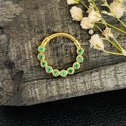 14K Solid Gold Bezel Set Minimalist CZ Green Diamond Daith Clicker
