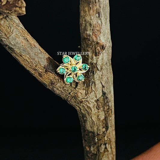 14K Gold Green Diamond Cluster Floral External Threaded Piercing