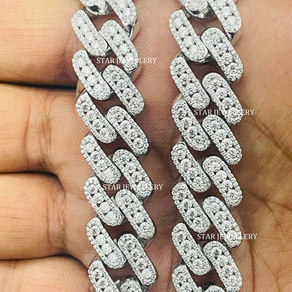 VVS Moissanite 15 MM Wide Unisex Diamond Cuban Linked Chain, 15 MM Unisex Moissanite Cuban Necklace, Silver Moissanite Miami Cuban Chain