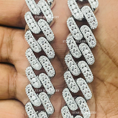 VVS Moissanite 15 MM Wide Unisex Diamond Cuban Linked Chain, 15 MM Unisex Moissanite Cuban Necklace, Silver Moissanite Miami Cuban Chain