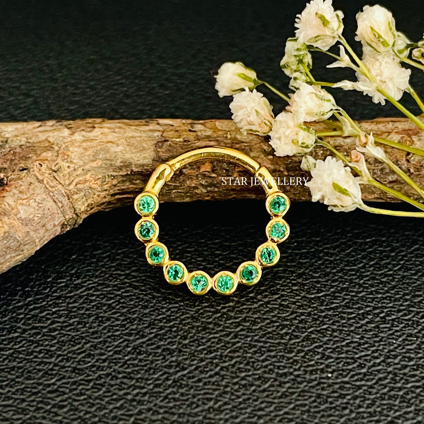 14K Solid Gold Bezel Set Minimalist CZ Green Diamond Daith Clicker