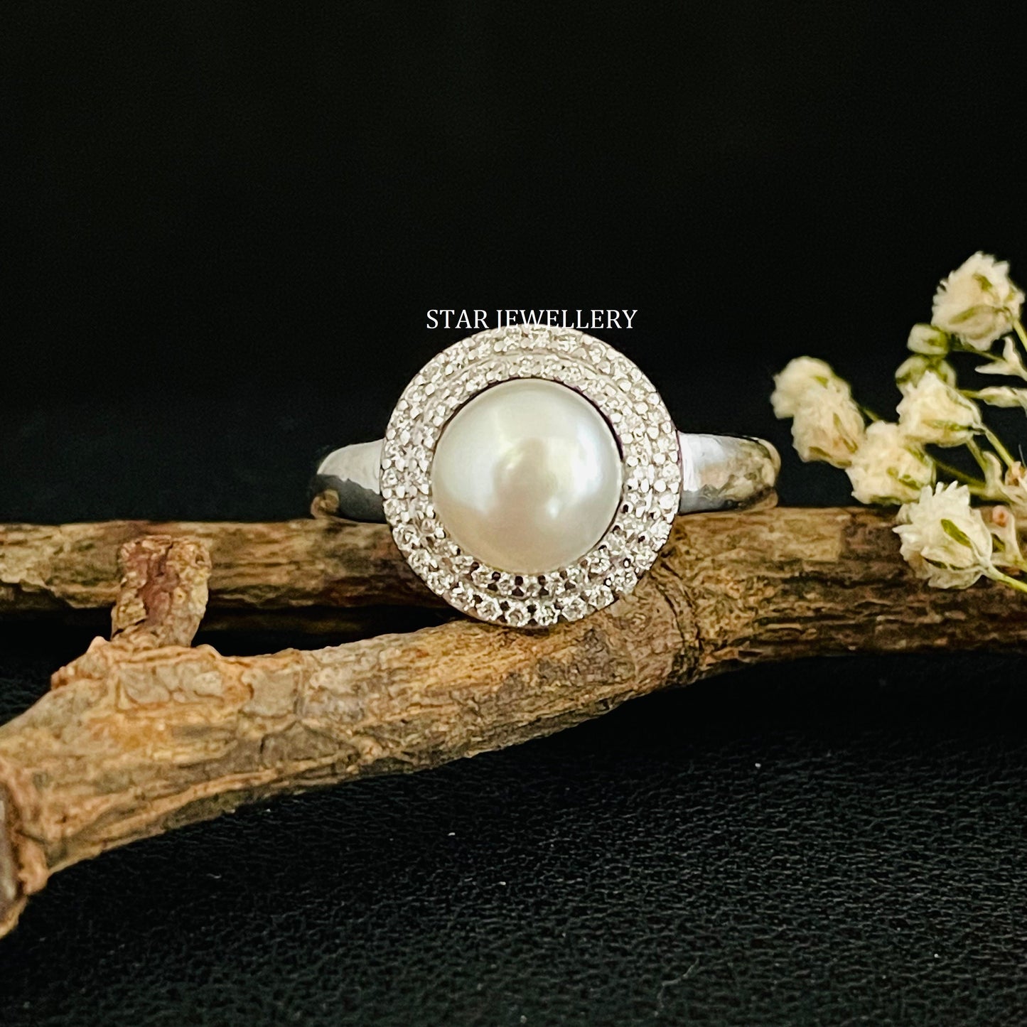 14K Solid Gold Diamond Pearl Halo Ring