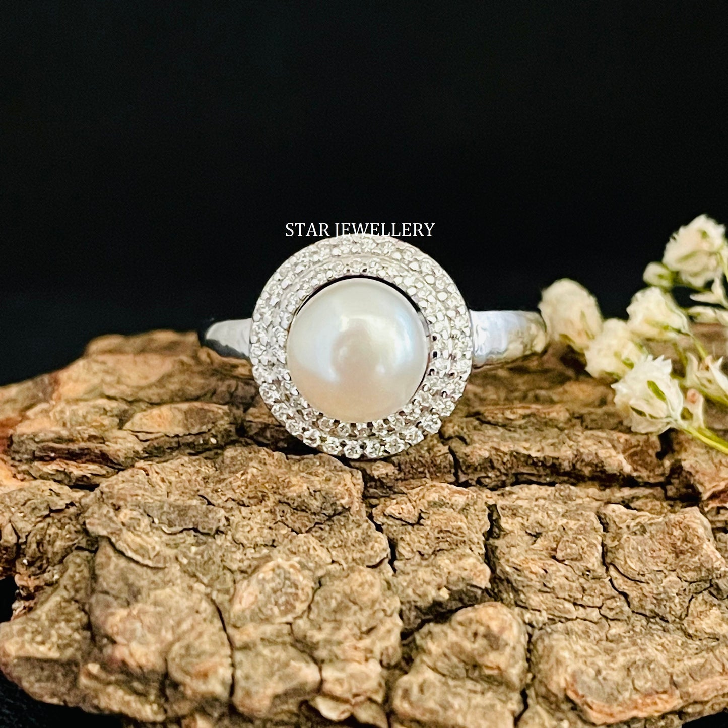 14K Solid Gold Diamond Pearl Halo Ring