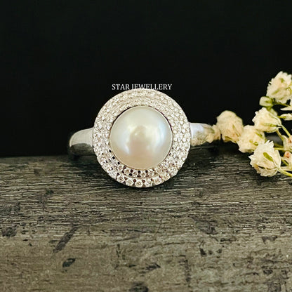 14K Solid Gold Diamond Pearl Halo Ring