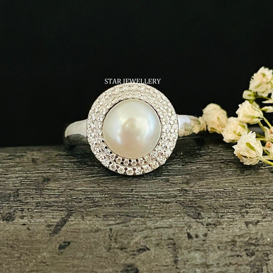 14K Solid Gold Diamond Pearl Halo Ring