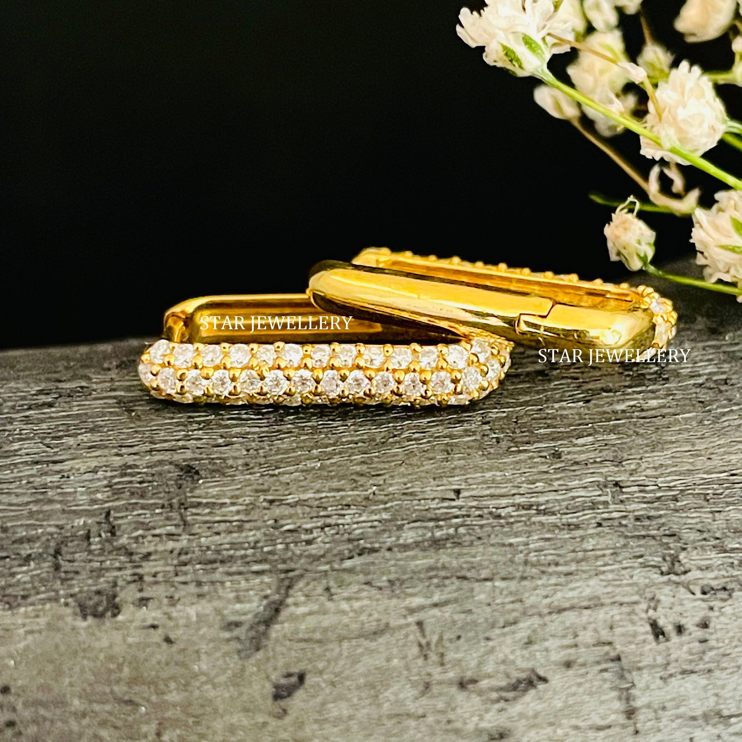 Natural Diamond Soldi Gold Rectangular Hoop Earring