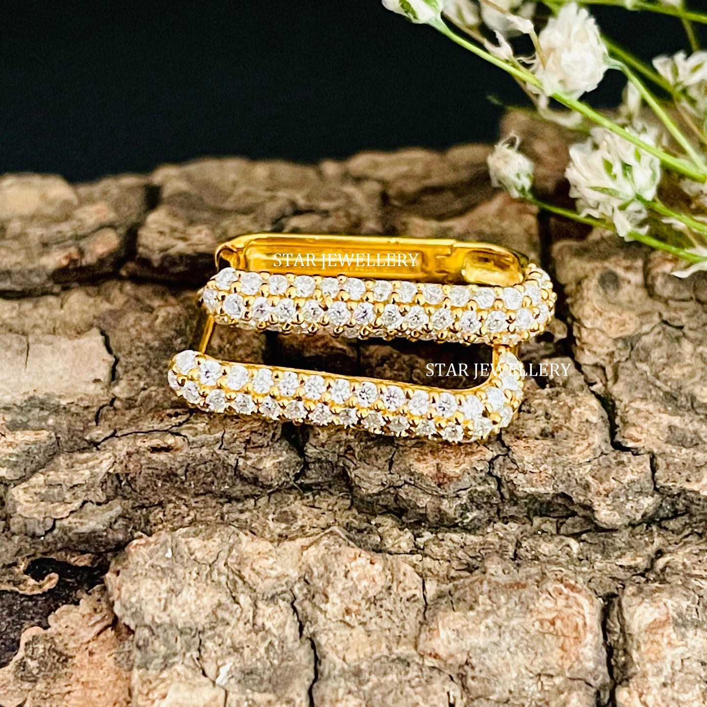 Natural Diamond Soldi Gold Rectangular Hoop Earring