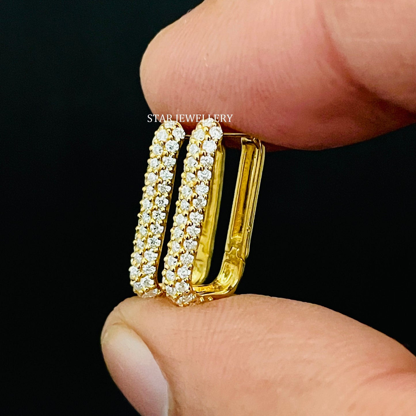 Natural Diamond Soldi Gold Rectangular Hoop Earring