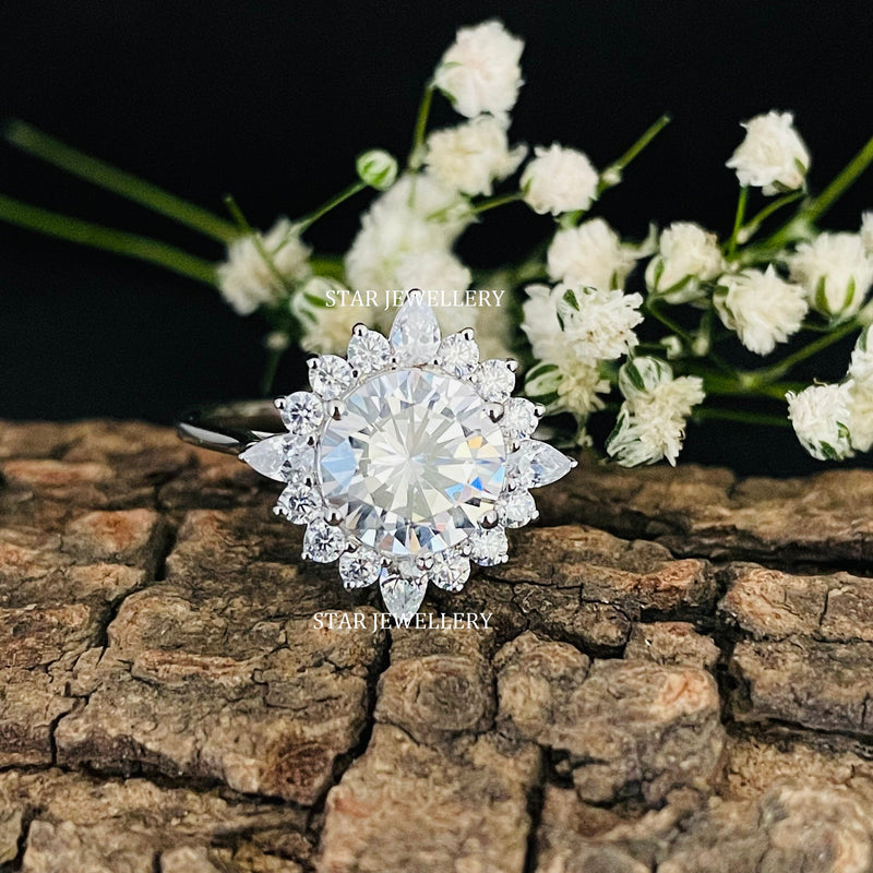 2.00 ct round and pear lab-grown diamond halo engagement ring