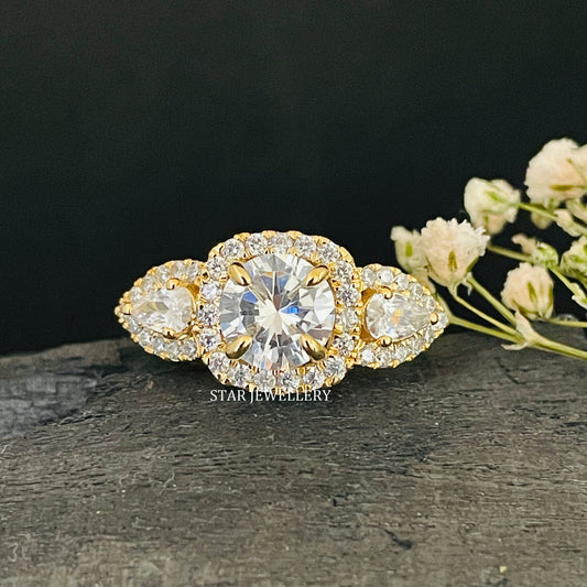 1.00 Ct Colorless Round Cut Three Stone Halo Lab Grown Diamond Engagement Ring