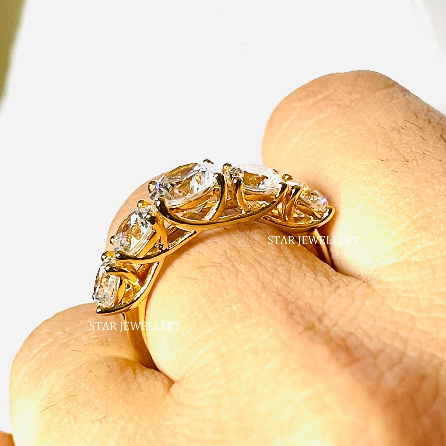 Five Stone Brilliant Cut Colorless Round Moissanite Ring