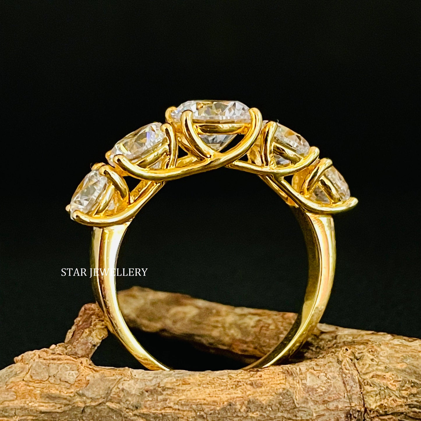 Five Stone Brilliant Cut Colorless Round Moissanite Ring