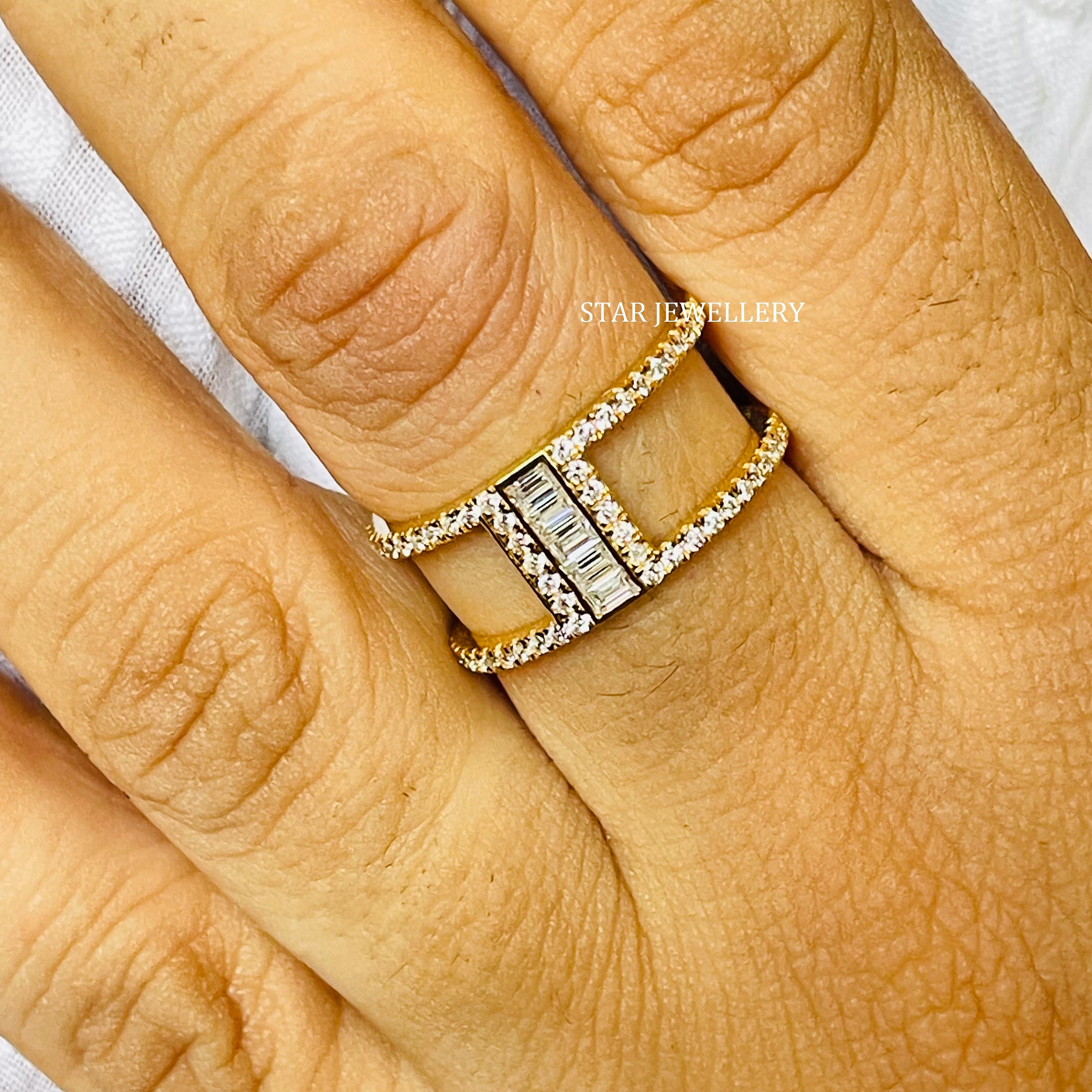 Baguette diamond dual band ring in 14K solid gold