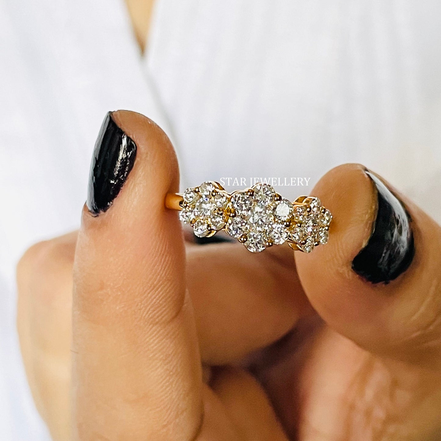 14K Gold Three Flower Diamond Ring