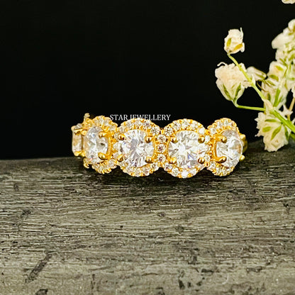 Five Lab Diamond Halo Solid Gold Wedding Proposal Ring