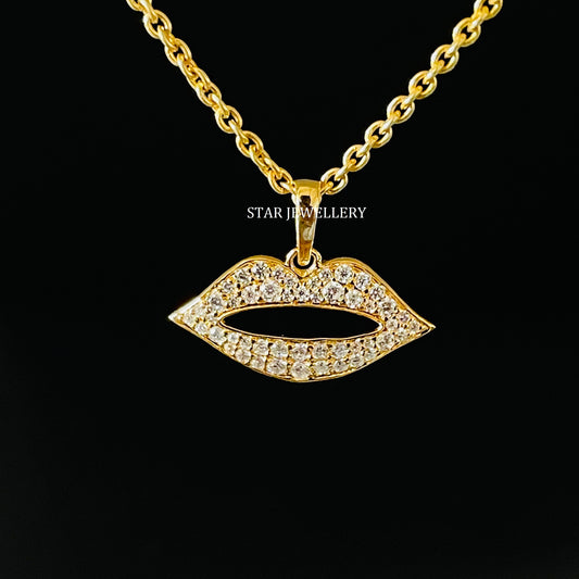 14K Solid Gold Lips Pendant with Natural Diamonds