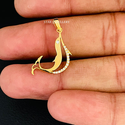 14K Gold Natural Diamond Fish Pendant