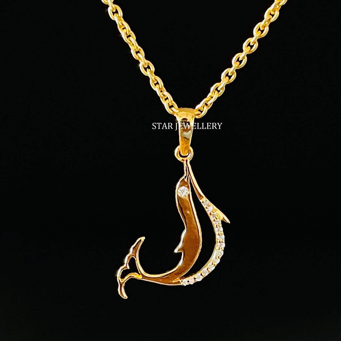 14K Gold Natural Diamond Fish Pendant