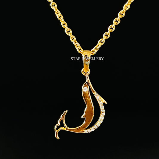14K Gold Natural Diamond Fish Pendant